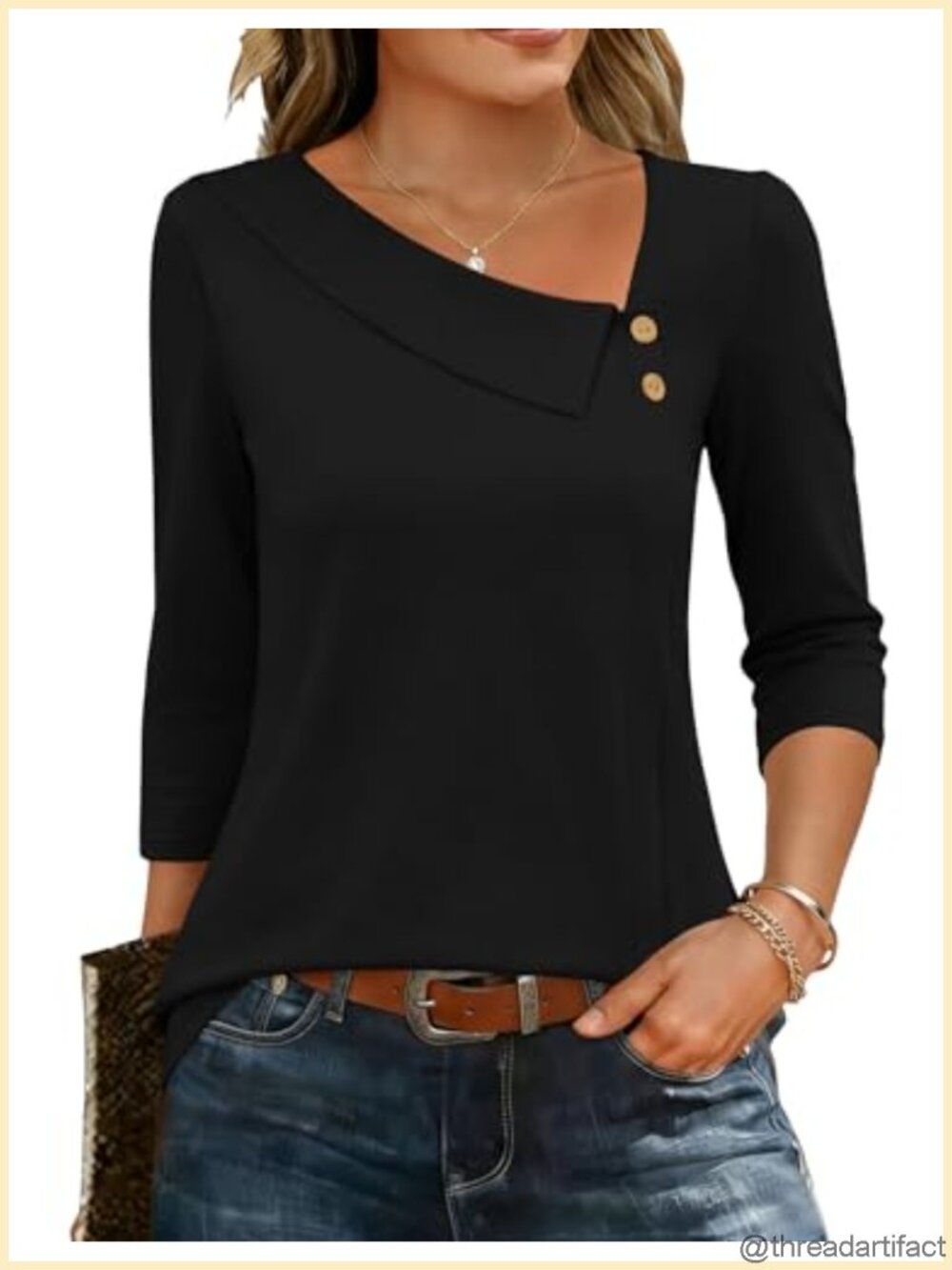 Women's Square Neck Asymmetrical Tunic Top 3/4 Sleeve Button Blouse